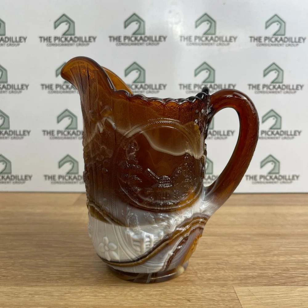 Imperial Glass Chocolate Slag Windmill Pitcher Brown White Marbled Vintage 5.5in